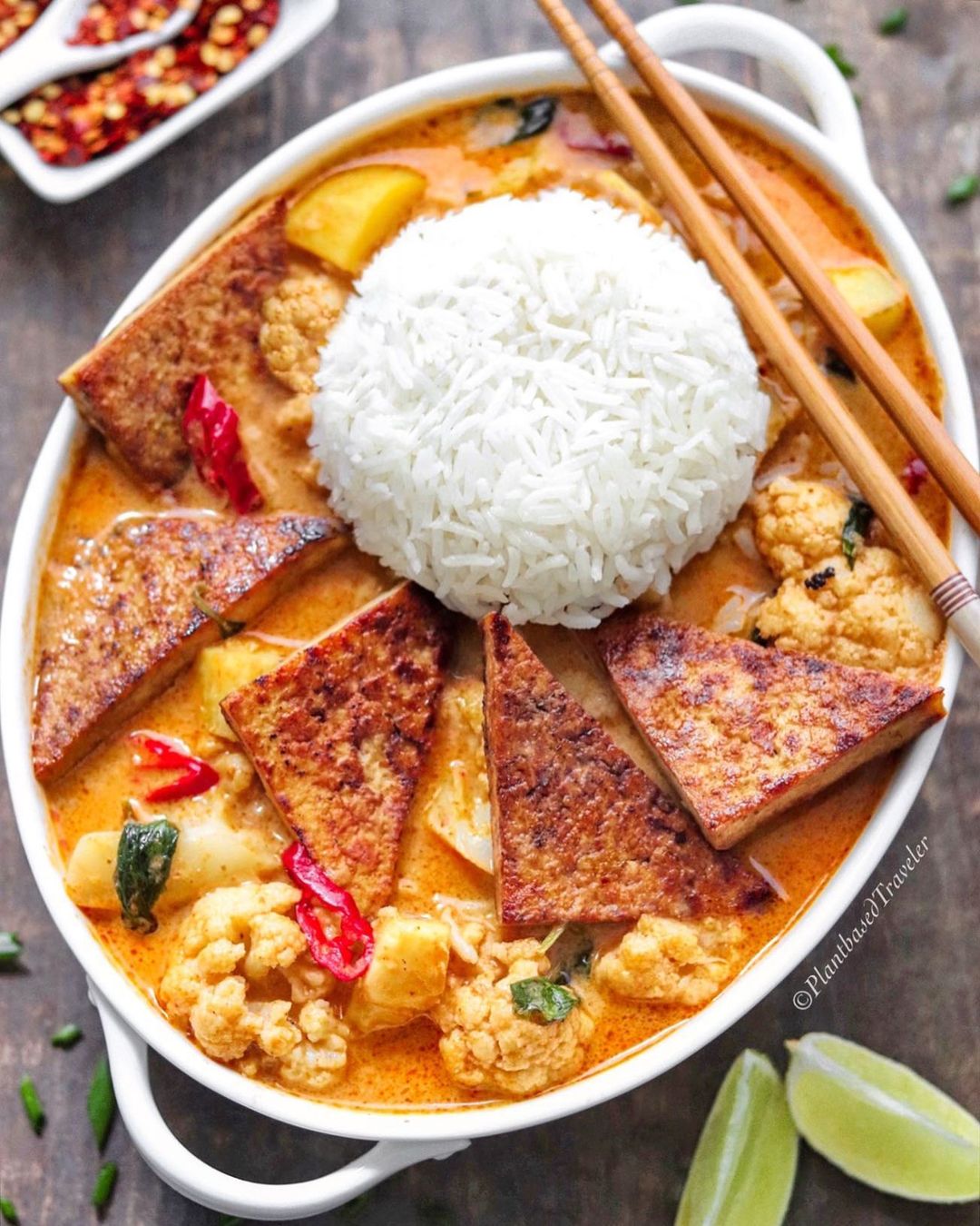 Red Curry with Cauliflower, Potato and pan fried Tofu